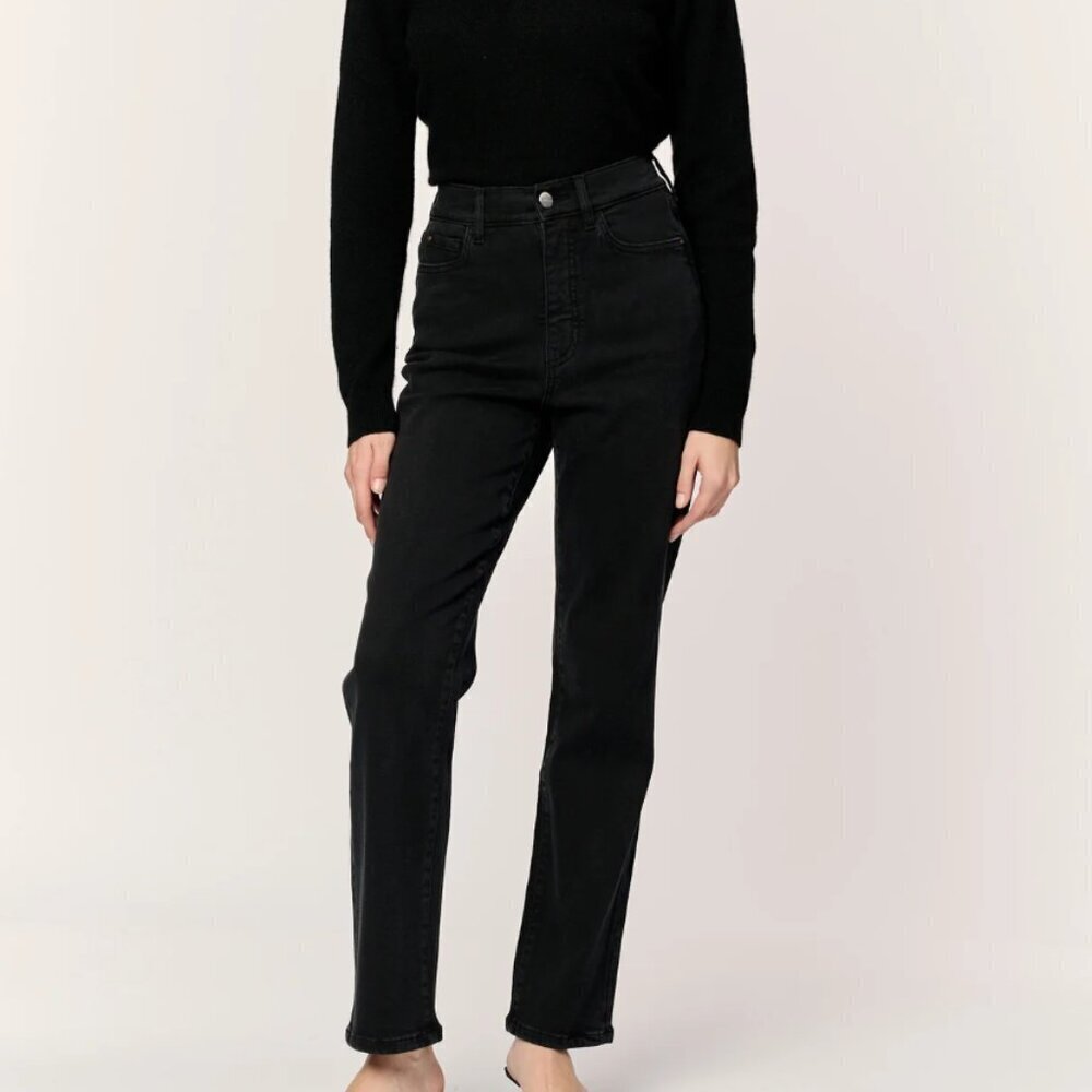 Warp + Weft ASE Stretch Straight Leg Black Denim High Waisted 5 Buttoned Jeans